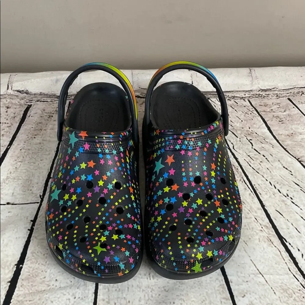 Crocs Classic Disco Dance Party Kids 6 Black Star-Print Rubber Sole Clog Shoes